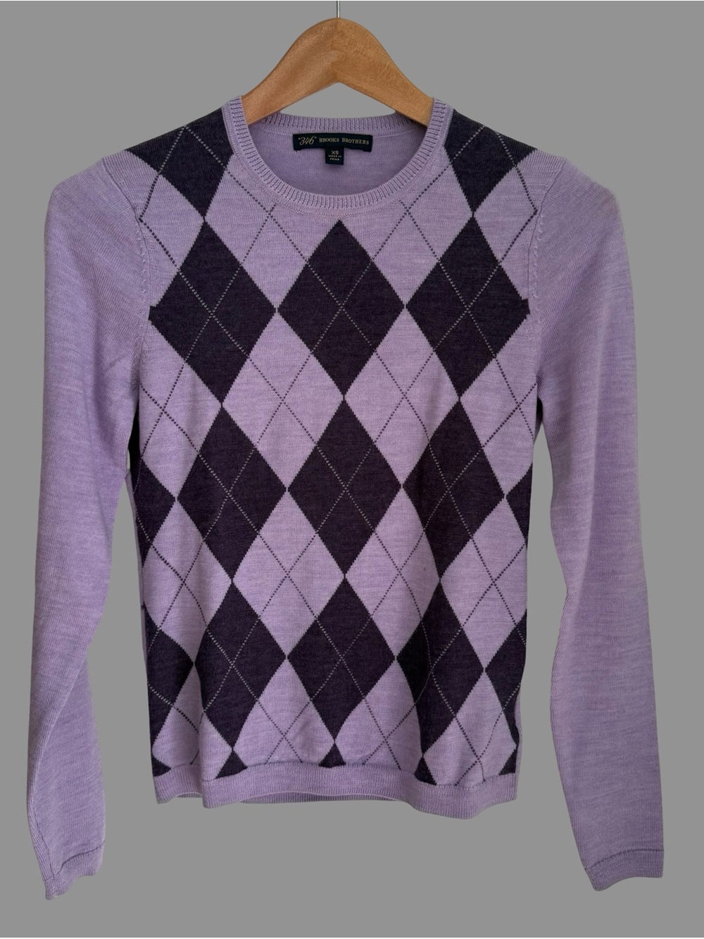 346 Brooks Brother Purple Diamond Plaid Merino Wool Sweater XS